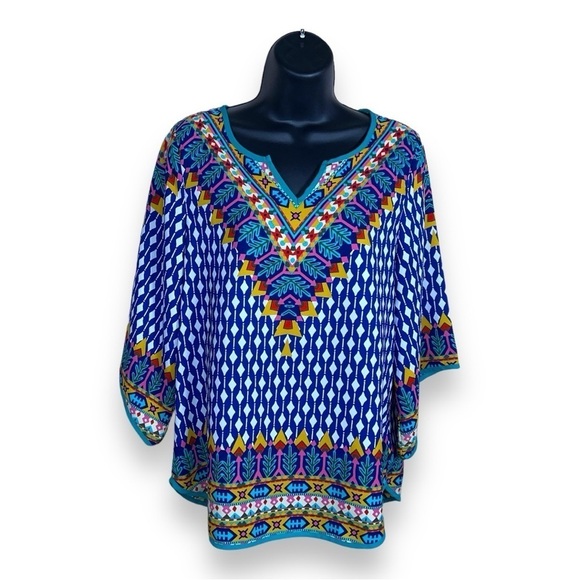 Pink Owl Tops - MEDIUM PINK OWL COLORFUL BOHEMIAN TUNIC TOP GEOMETRIC BLOUSE